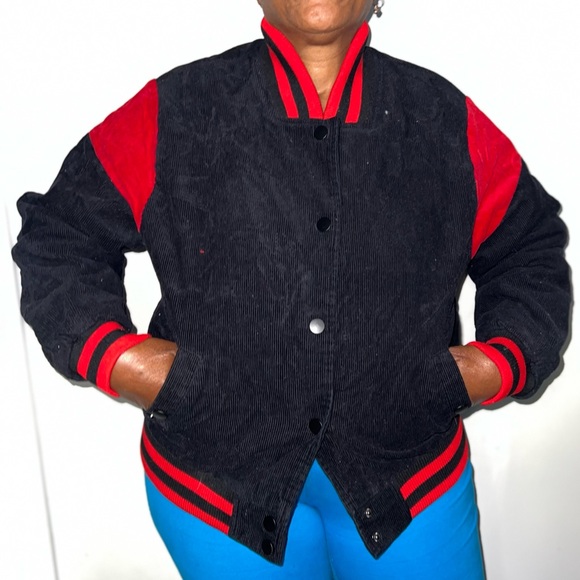 RED AND BLACK CORDUROY VARSITY JACKET - Picture 6 of 9